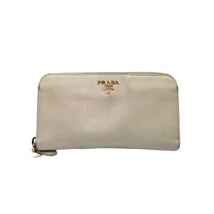 PRADA‎ Milano Off White Saffiano Leather Zip Around Continental Wallet